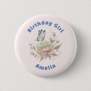 Magische Roos en Vlinder Pastel Verjaardagsmeisje Ronde Button 5,7 Cm