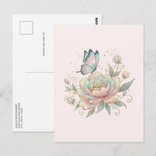 Magische Roos en Vlinder Pastelkleuren Briefkaart