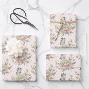 Magische Roos en Vlinder Pastelkleuren Patroon Inpakpapier Vel