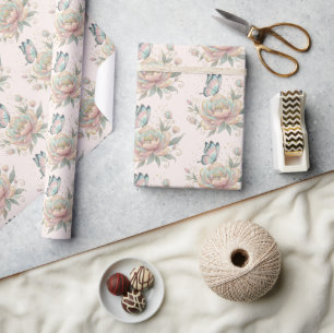 Magische Roos en Vlinder Patroon Pastelkleuren Cadeaupapier