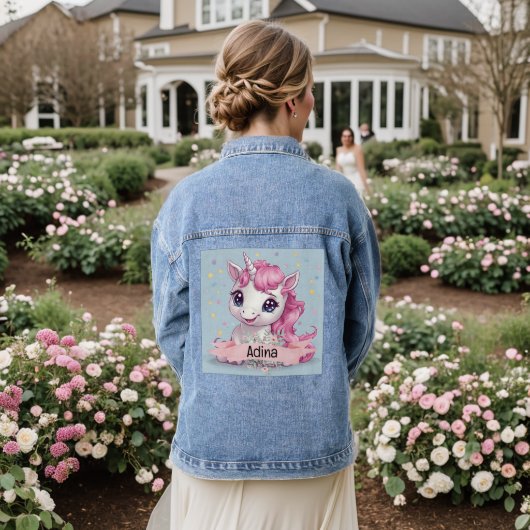 Magische Roze Baby Eenhoorn Stars Aangepaste Naam Denim Jacket (Huwelijk Achterkant)