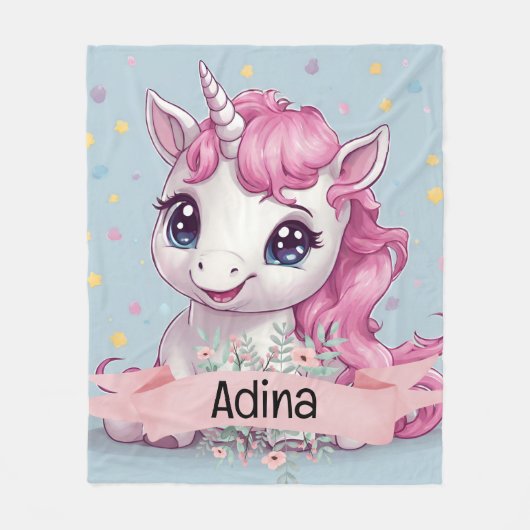 Magische Roze Baby Eenhoorn Stars Aangepaste Naam Fleece Deken (Voorkant)