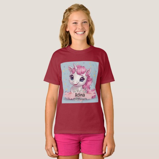 Magische Roze Baby Eenhoorn Stars Aangepaste Naam T-shirt (Voorkant volledig)