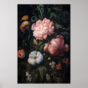 Magische roze bloemen in tuinprint, botanisch donk poster
