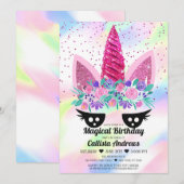 Magische Roze Eenhoorn Bloemen Glitter Verjaardag Kaart (Voorkant / Achterkant)