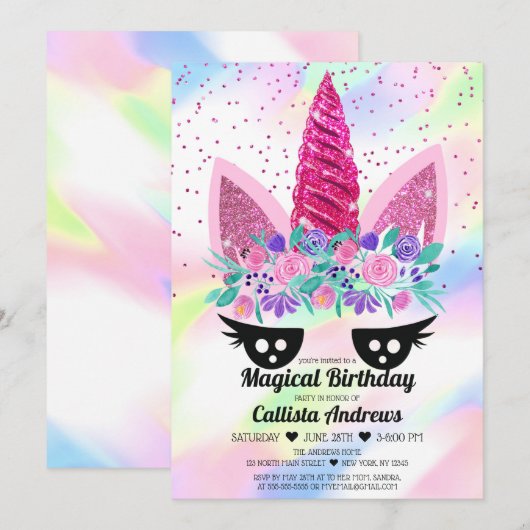 Magische Roze Eenhoorn Bloemen Glitter Verjaardag Kaart (Voorkant / Achterkant)