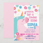 Magische Roze Eenhoorn Verjaardag Uitnodiging Rain (Voorkant / Achterkant)