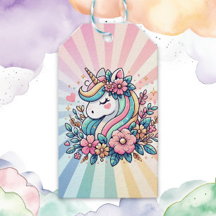 Magische Roze en Gouden Eenhoorn en Bloemen Cadeaulabel