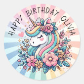 Magische Roze en Gouden Eenhoorn en Bloemen Ronde Sticker (Voorkant)