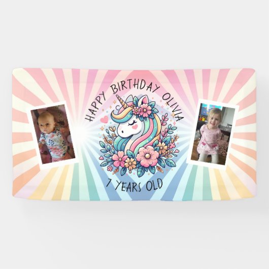 Magische Roze en Gouden Eenhoorn en Bloemen Verjaa Spandoek (Horizontaal)