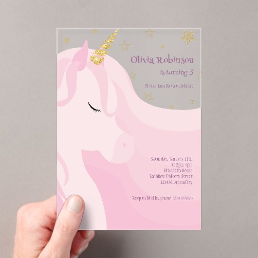 Magische Roze Gouden Eenhoorn Verjaardag Acryl Uitnodigingen (Insitu (Draagbaar))