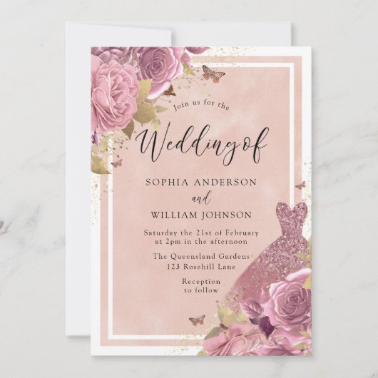 Magische Roze Jurk & Bloem Bruiloft Kaart (Voorkant)