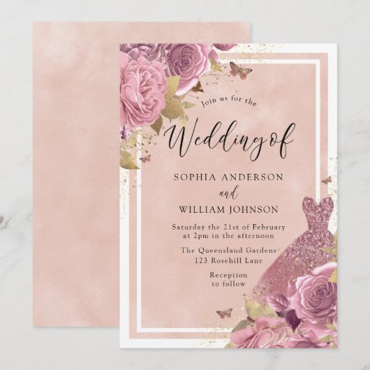 Magische Roze Jurk & Bloem Bruiloft Kaart (Voorkant / Achterkant)