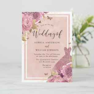 Magische Roze Jurk & Bloem Bruiloft Kaart