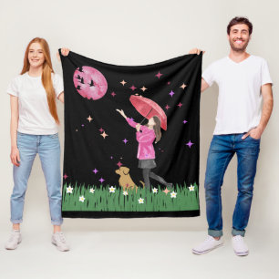 Magische Roze Maan & Hond Wandelen Waterverf Fleec Fleece Deken