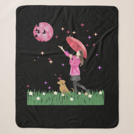 Magische Roze Maan & Hond Wandelt Waterverf Sherpa Deken