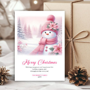 Magische Roze Sneeuwman Printbare Kerst Scene Feestdagenkaart