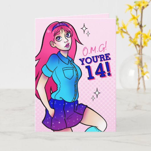 Magische Roze Sparkle School Meisje 14e verjaardag Kaart (Gele Bloem)