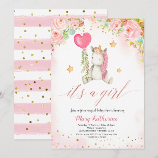 Magische roze unicorn baby shower kaart (Voorkant / Achterkant)