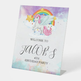 Magische roze Unicorn Regenboogkinderen Birthday Reclamebord Met Voetstuk