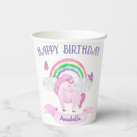 Magische roze unicorn regenboogvlinders Birthday Papieren Bekers (Achterkant)