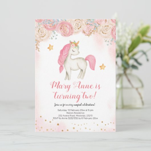 Magische roze unicorn verjaardagsuitnodiging kaart (Staand voorkant)