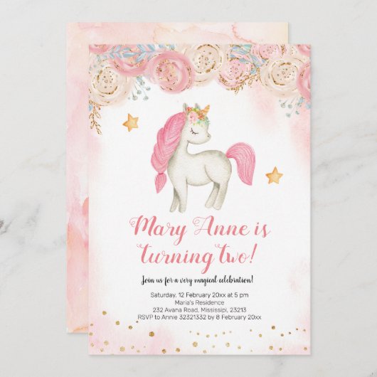 Magische roze unicorn verjaardagsuitnodiging kaart (Voorkant / Achterkant)