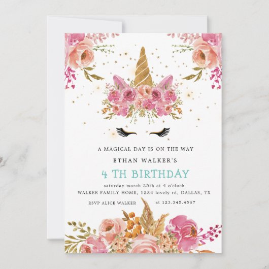 magische rozen blush unicorn Birthday Invitation Kaart (Voorkant)