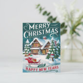 Magische Santa Sleigh rijden over feestelijk huis Briefkaart (Staand voorkant)