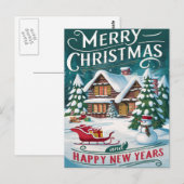 Magische Santa Sleigh rijden over feestelijk huis Briefkaart (Voorkant / Achterkant)