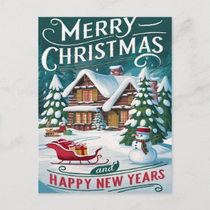 Magische Santa Sleigh rijden over feestelijk huis Briefkaart