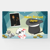 Magische Show Podium Happy Birthday Naam Blauw Spandoek (Horizontaal)