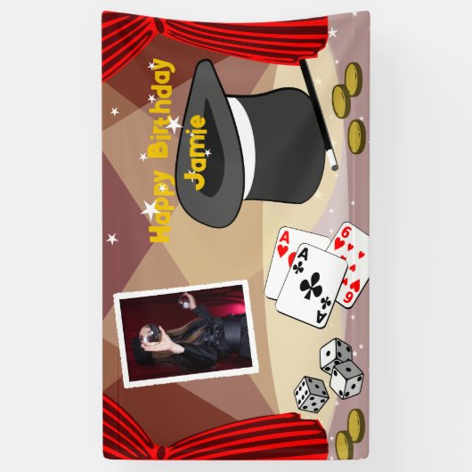 Magische Show Podium Happy Birthday Naam Rood Spandoek (Verticaal)