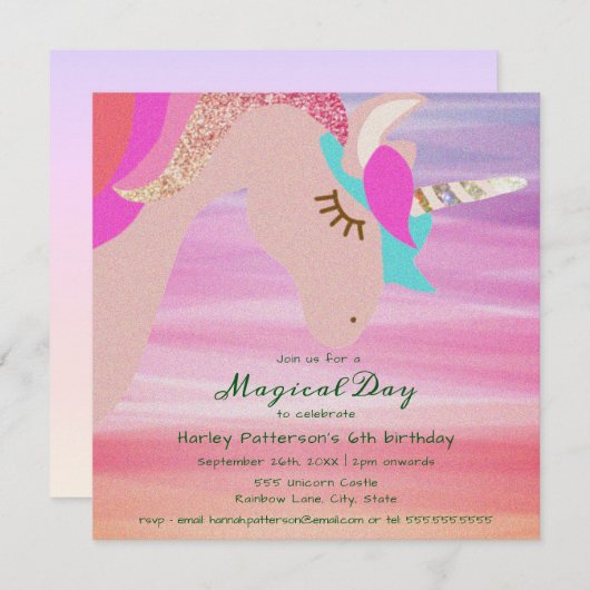 Magische Sparkling Unicorn Verjaardag Uitnodiging (Voorkant / Achterkant)