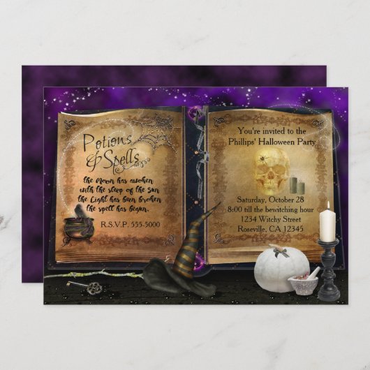 MAGISCHE SPELL BOEK Halloween Witch Party Uitnodig Kaart (Voorkant / Achterkant)