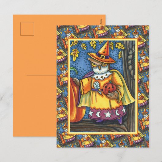 MAGISCHE SPELLEN EN HALLOEEN HOOTS, OWL WIZARD FEESTDAGENKAART (Voorkant / Achterkant)