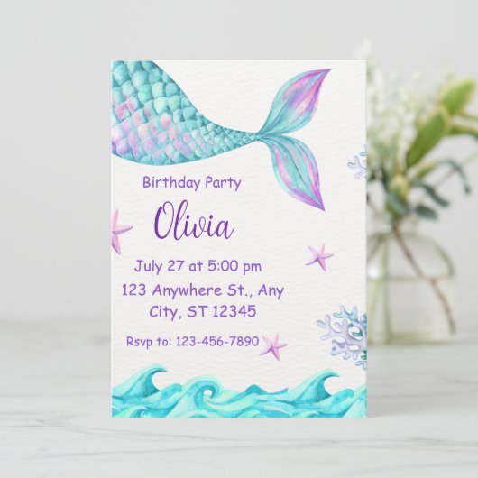 Magische staart zeemeermin verjaardagsfeest uitnod kaart (Staand voorkant)