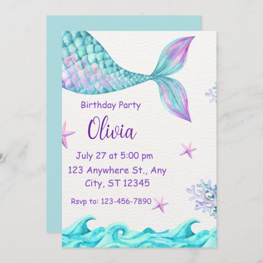 Magische staart zeemeermin verjaardagsfeest uitnod kaart (Voorkant / Achterkant)