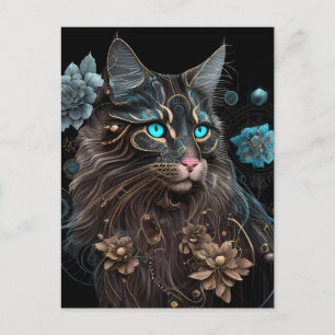 Magische steampunk Maine Coon cat en bloemen AI ku Briefkaart