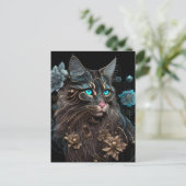 Magische steampunk Maine Coon cat en bloemen AI ku Briefkaart (Staand voorkant)