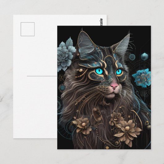 Magische steampunk Maine Coon cat en bloemen AI ku Briefkaart (Voorkant / Achterkant)