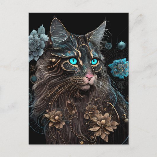 Magische steampunk Maine Coon cat en bloemen AI ku Briefkaart (Voorkant)