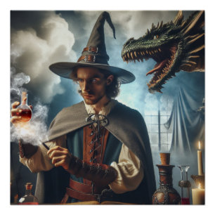 Magische Tovenaar Dragon Fantasy Kunst Perfect Poster