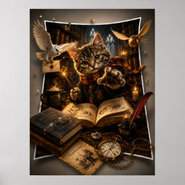 Magische Tovenaar Kat 3D Uitstekende Fantasie Muur Poster