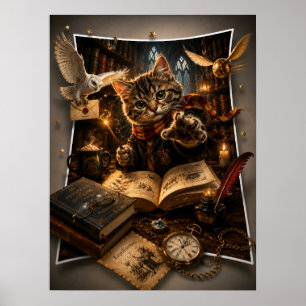 Magische Tovenaar Kat 3D Uitstekende Fantasie Muur Poster