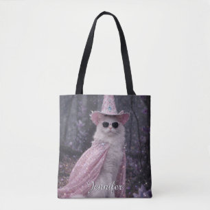 Magische Tovenaar Kat in Fonkelende Roze Cape en H Tote Bag