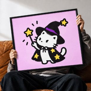 Magische Tovenaar Kat Kawaii Canvas Muurkunst Afdruk
