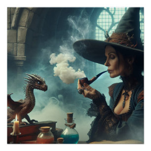 Magische Tovenaar Sorceress Dragon Fantasy Kunst Perfect Poster