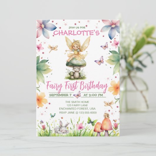 Magische tuin fee 1e verjaardag uitnodiging (Staand voorkant)