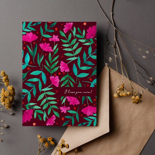 Magische tuin - magenta en groen Ik hou van je moe Feestdagenkaart